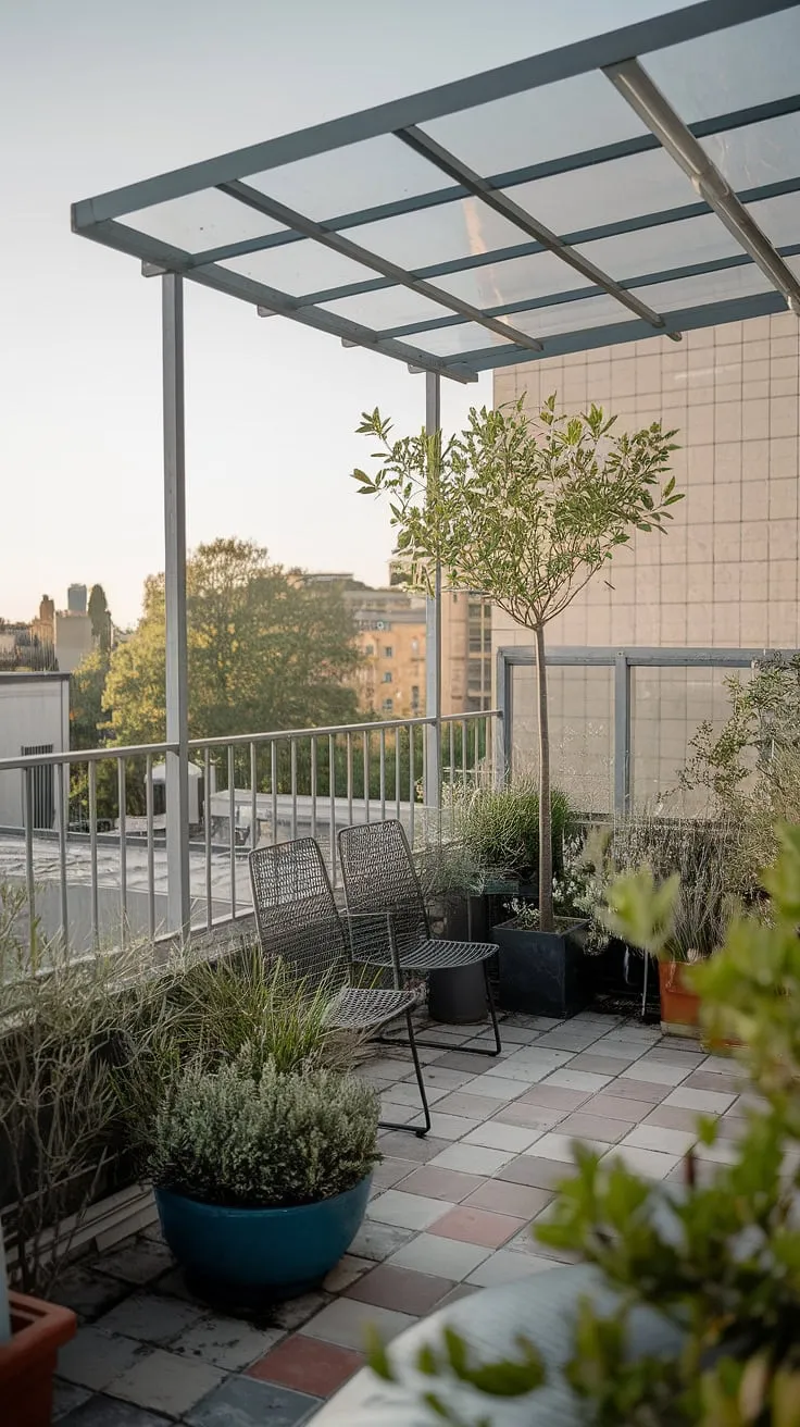 Escape the city bustle on this charming small rooftop terrace. The balcony roof provides welcome shade over a carefully curated rooftop garden design, brimming with potted greenery and a miniature tree. This small rooftop terrace is a testament to creative rooftop patio ideas and offers a wealth of inspiration for small terrace ideas in urban settings. The metal railing overlooks a picturesque cityscape.