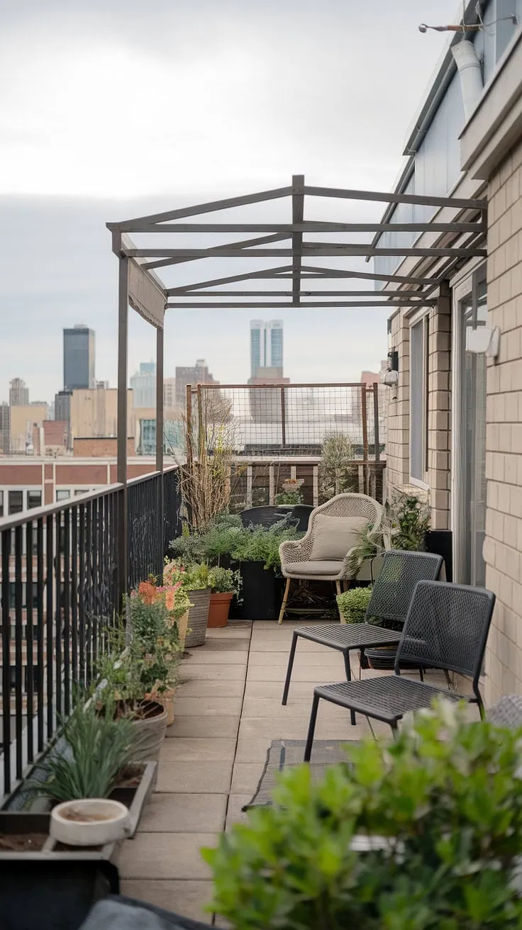 Escape the city without leaving it. This small rooftop terrace, featuring a charming balcony roof, showcases clever rooftop terrace ideas and small terrace ideas. Perfect rooftop garden design for a tranquil urban rooftop deck.