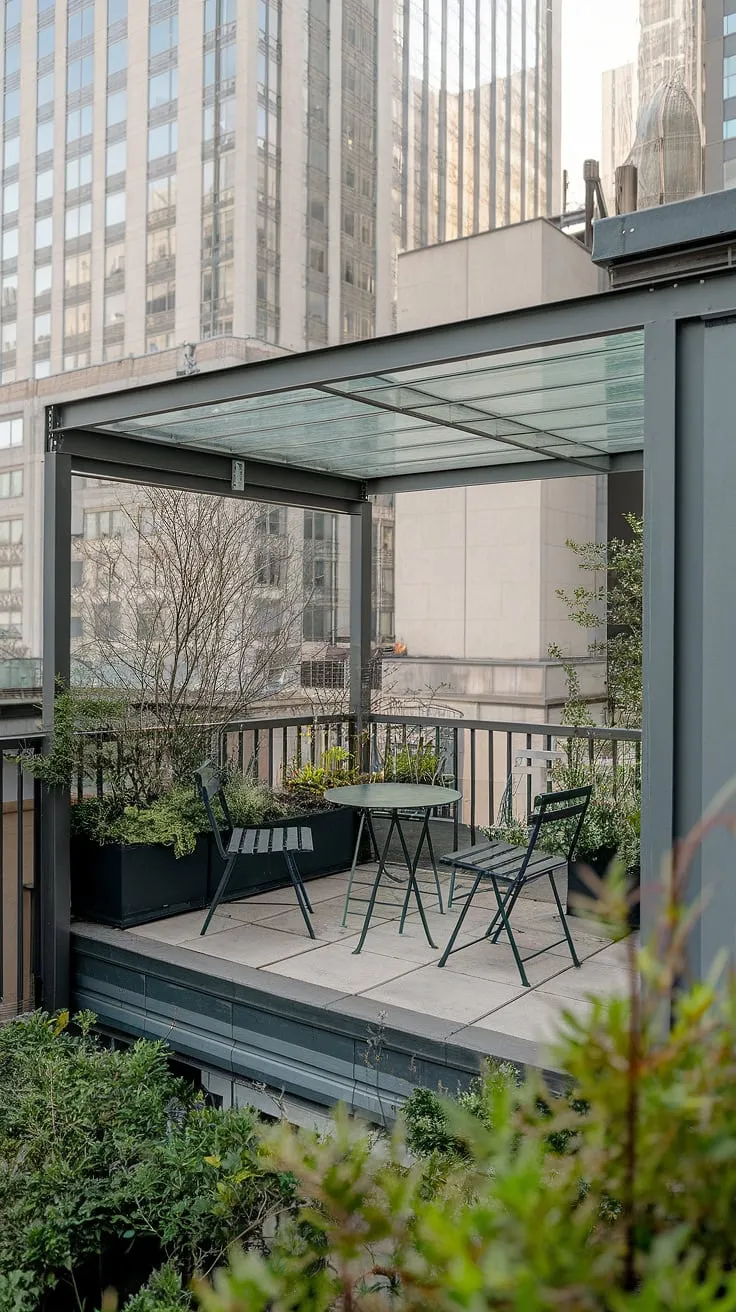 This small rooftop terrace, complete with a balcony roof, is a testament to creative rooftop terrace ideas. The lush rooftop garden design transforms this urban rooftop deck into a private sanctuary, offering a wealth of inspiration for small terrace ideas and rooftop patio ideas in limited spaces.