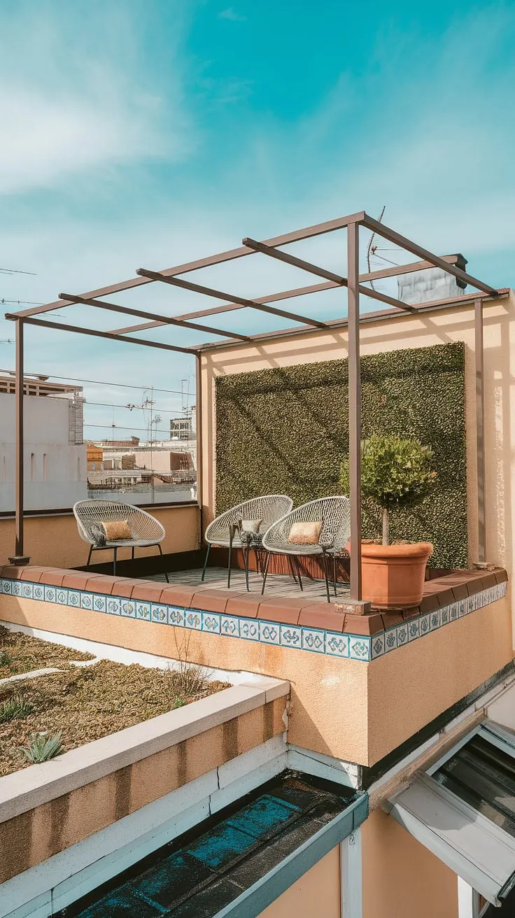Escape the urban jungle on this charming balcony roof, a perfect example of small rooftop terrace ideas and rooftop garden design. This small rooftop terrace offers a tranquil retreat with inspiring rooftop patio ideas.