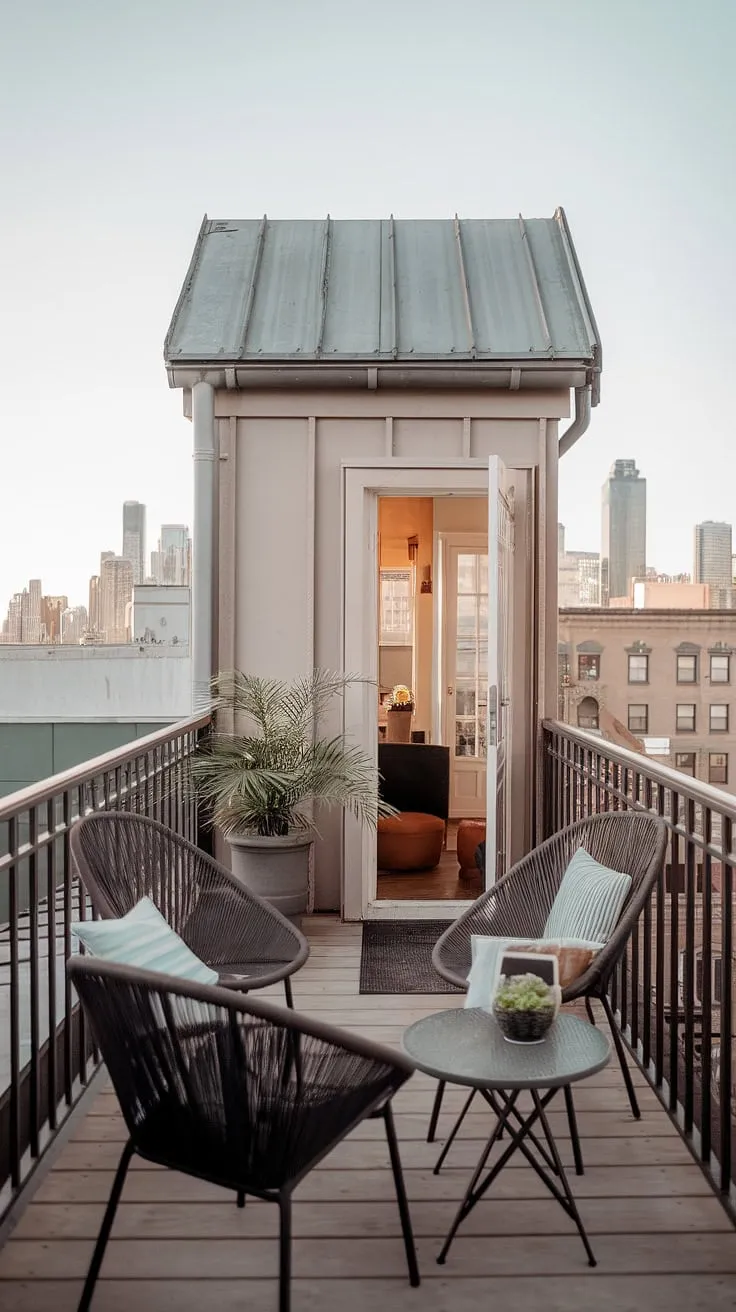 This small rooftop terrace, featuring a practical balcony roof, proves that even limited space can inspire amazing rooftop terrace ideas. Perfect for urban rooftop deck living, this design showcases clever small terrace ideas.