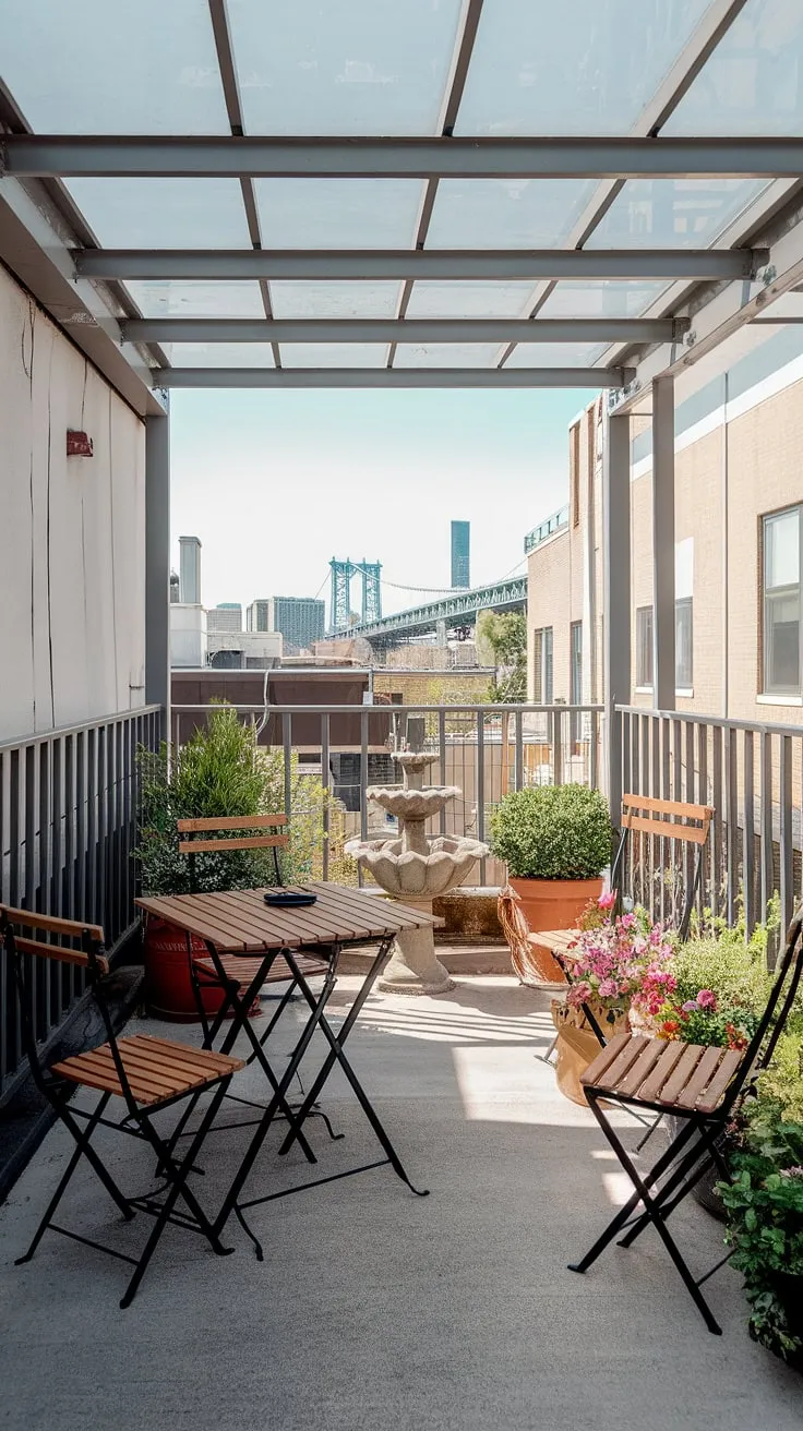 Maximize your space with clever rooftop patio ideas. This small terrace, featuring a balcony roof and thoughtful rooftop garden design, proves that even a small rooftop terrace can be a stunning oasis.