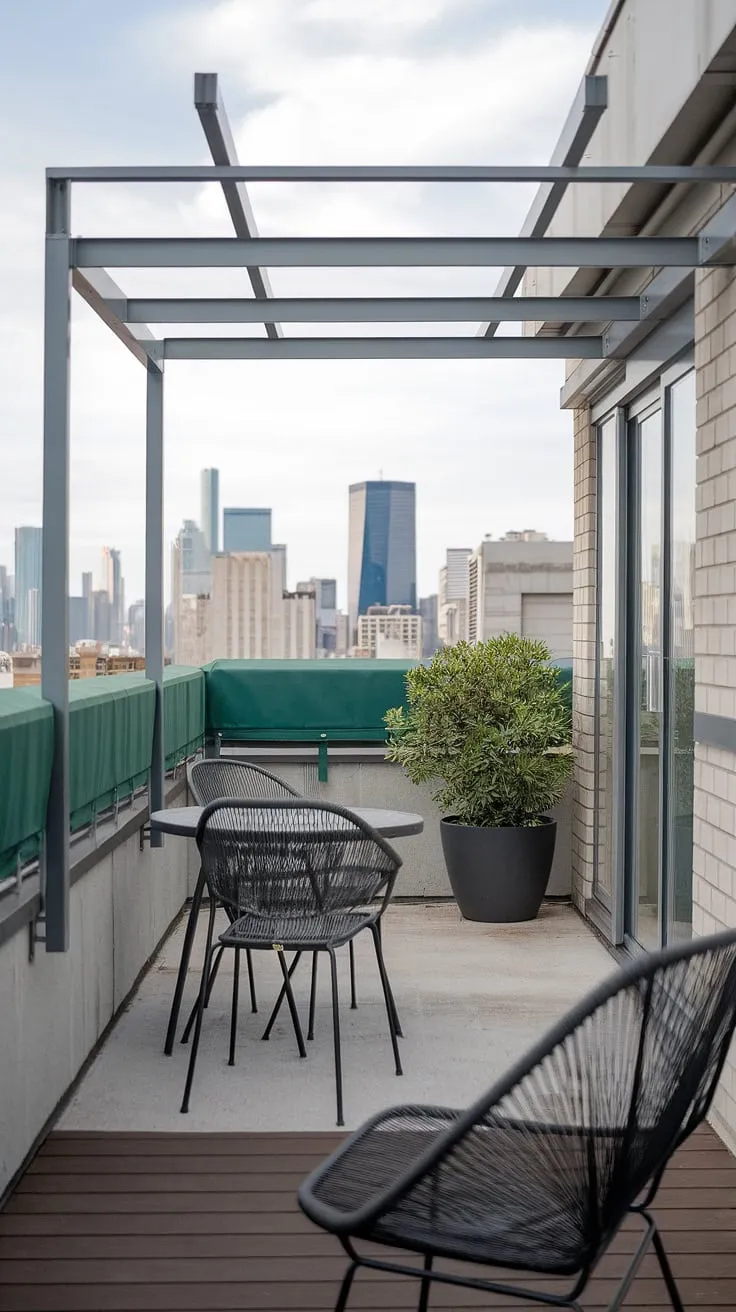 Urban rooftop deck dreams: This small rooftop terrace, complete with a balcony roof, offers serene city views. Perfect rooftop terrace ideas for small spaces, showcasing clever rooftop garden design and inspiring small terrace ideas.
