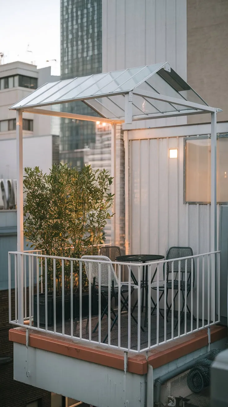 Urban rooftop deck dreams: This small rooftop terrace, complete with a balcony roof, offers big city views and inspiring rooftop garden design. Perfect small terrace ideas for maximizing space.