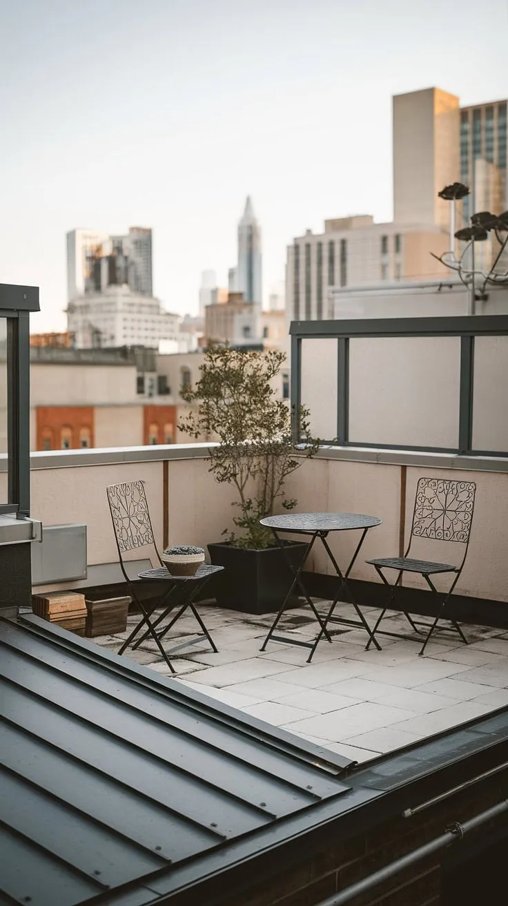 Escape the city bustle on this charming urban rooftop deck. Clever use of space and a balcony roof maximize the potential of this small rooftop terrace, showcasing inspiring rooftop terrace ideas.