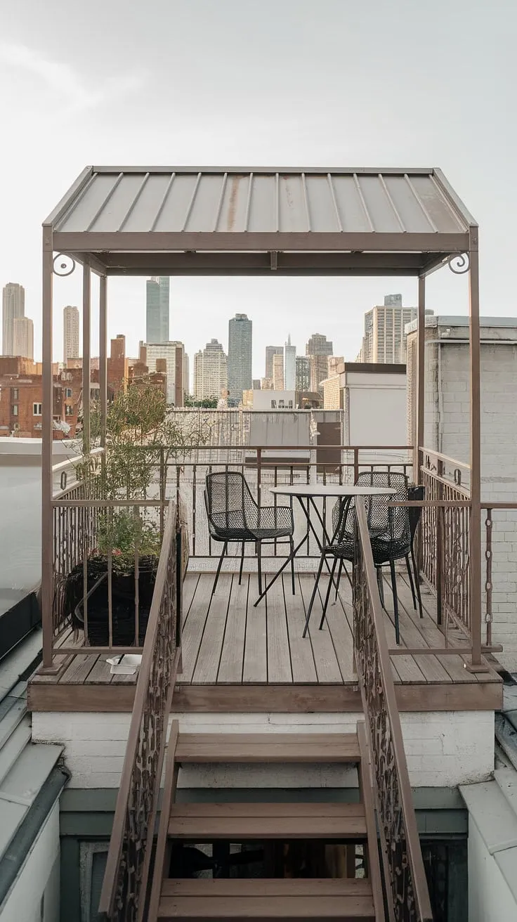 This balcony roof transforms a small rooftop terrace into a private urban rooftop deck oasis. Find inspiration for your own rooftop terrace ideas and small terrace ideas with this perfect blend of functionality and style.