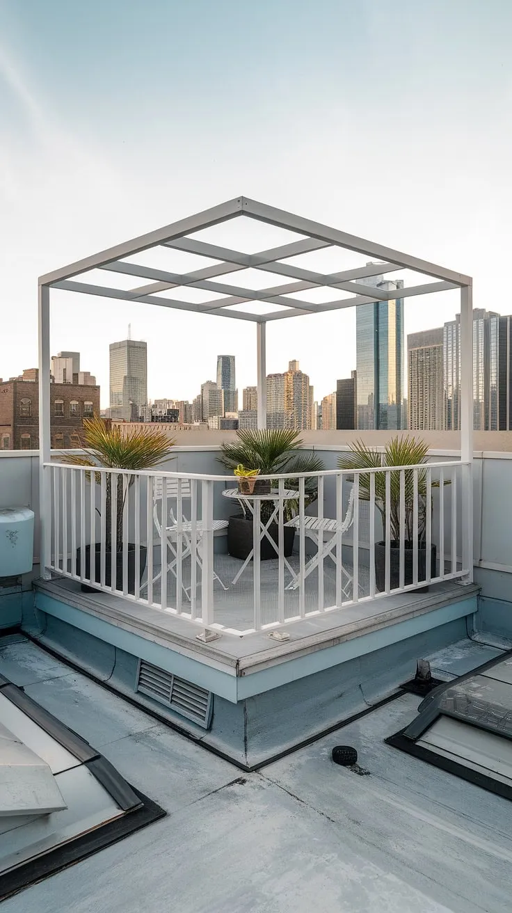 This small rooftop terrace, a perfect example of urban rooftop deck design, boasts a modern aesthetic with its white railing and carefully chosen potted plants. The balcony roof provides shelter, while the minimalist table and chairs create a cozy seating area overlooking the city skyline. This is a fantastic illustration of rooftop terrace ideas and small terrace ideas, showcasing how even a small space can be transformed into a tranquil rooftop garden design or a stylish rooftop patio.