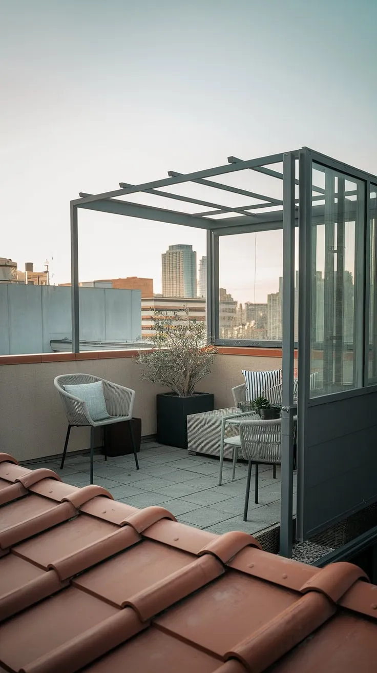 Find inspiration for your own small rooftop terrace with this charming urban rooftop deck. The balcony roof provides shelter, while the carefully chosen furniture and potted plant create a cozy atmosphere. Explore these rooftop terrace ideas and rooftop patio ideas for small terrace ideas and rooftop garden design in a limited space.