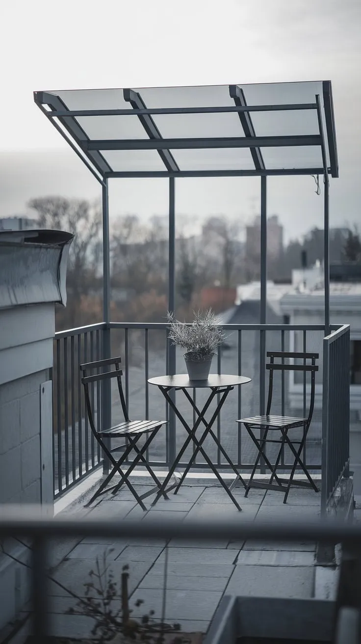 Escape the city bustle on this serene urban rooftop deck. Small terrace ideas like this balcony roof create the perfect rooftop garden design, offering tranquil rooftop patio ideas in even the smallest spaces.