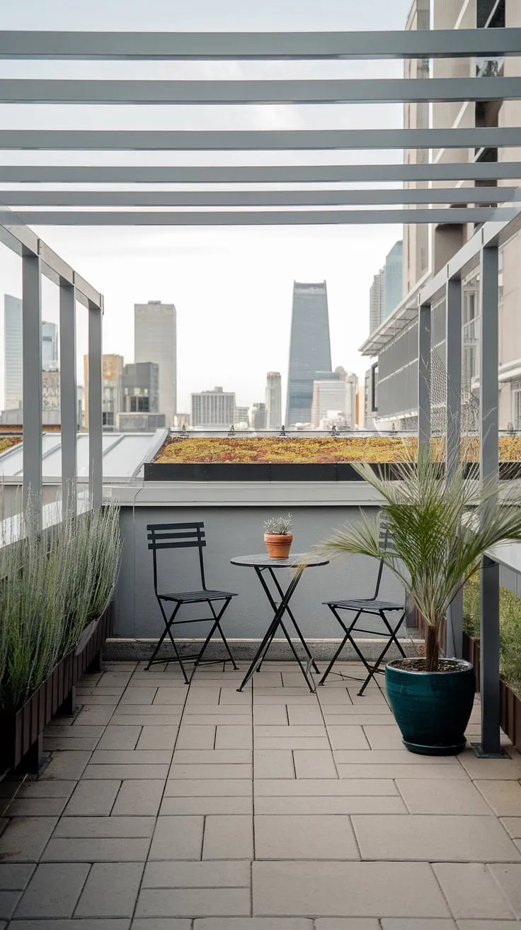 This small rooftop terrace, sheltered by a stylish balcony roof, offers a tranquil escape from the bustling city below. Minimalist furniture and a touch of greenery create a serene urban rooftop deck, perfect for quiet contemplation. This rooftop terrace exemplifies smart rooftop garden design and offers inspiring small rooftop terrace and small terrace ideas for maximizing limited space. The view of the city skyline adds to the charm, showcasing the potential of rooftop patio ideas in even the smallest of spaces.