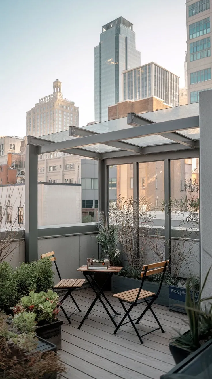 This urban rooftop deck showcases clever rooftop terrace ideas for a small space. The balcony roof adds architectural interest and protection, while the carefully chosen plants and furniture transform this small rooftop terrace into a relaxing oasis. Find inspiration for your own rooftop patio ideas and small terrace ideas in this intimate urban setting.
