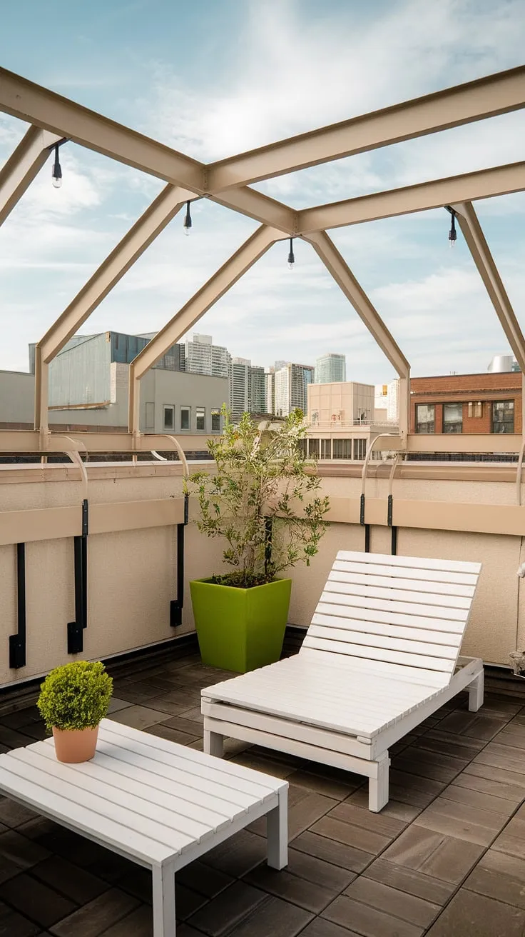 Maximize your urban space with these rooftop terrace ideas. This small rooftop terrace features a charming balcony roof, creating a private and stylish retreat. The simple white furniture and small potted plant complement the rooftop garden design, offering inspiration for your own small terrace ideas. A perfect example of how to create a peaceful urban rooftop deck.