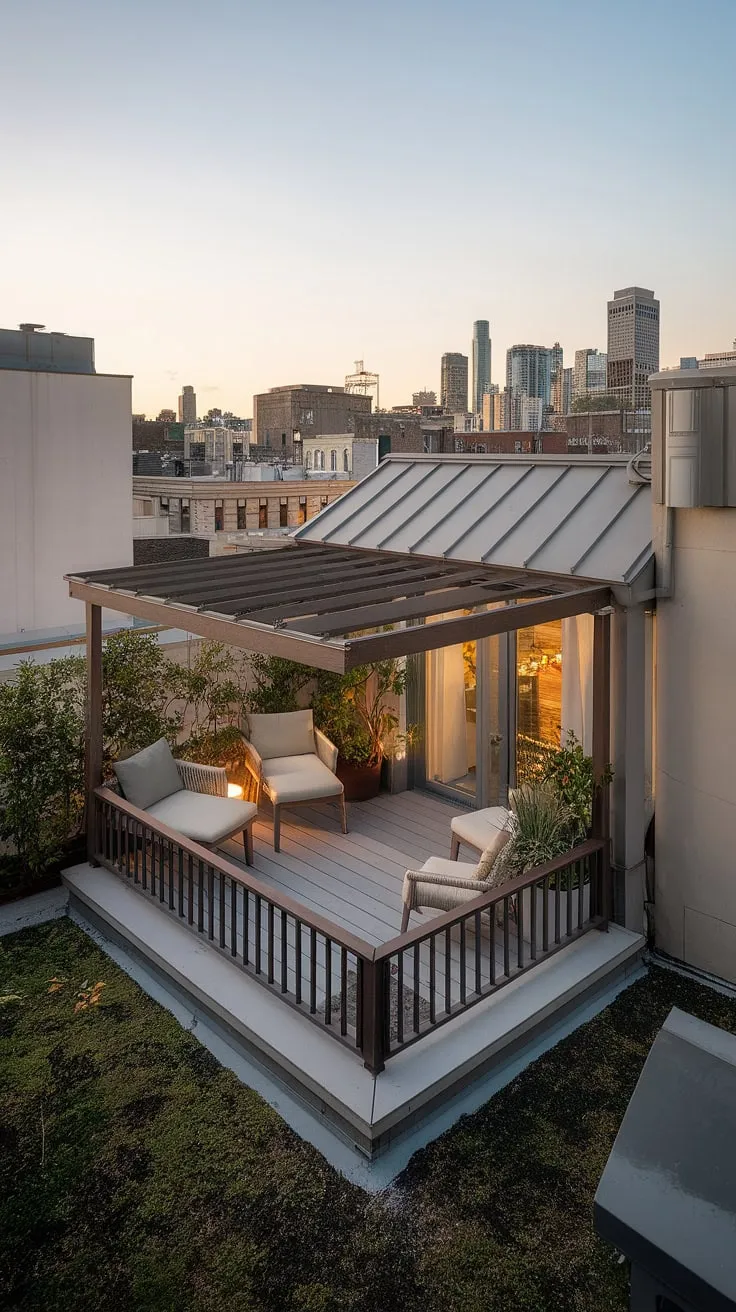 Bathed in warm light, this small rooftop terrace offers a tranquil escape from the bustling city below. The balcony roof provides shelter, while clever rooftop garden design maximizes the space, showcasing inspiring small terrace ideas and rooftop patio ideas. This urban rooftop deck, a perfect example of small rooftop terrace ideas, features comfortable seating and lush greenery, creating a personal oasis.