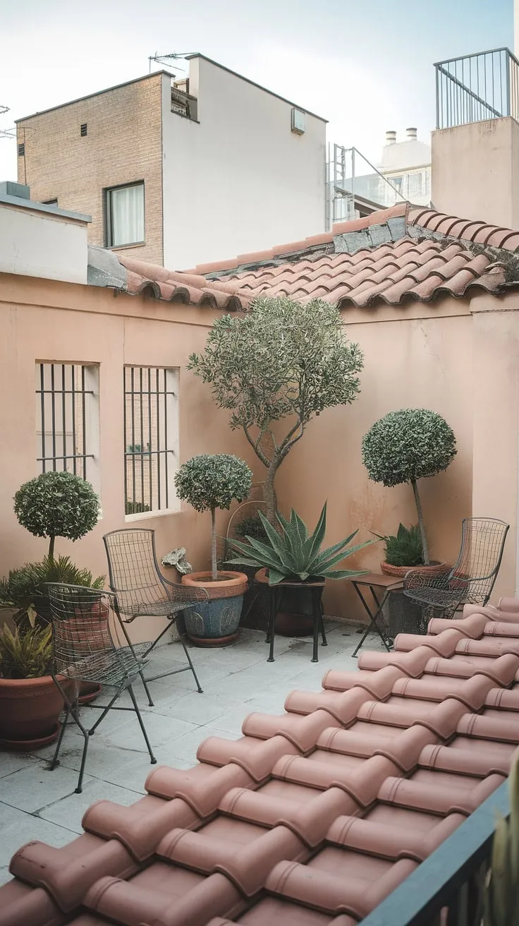 Find urban serenity on this small rooftop terrace. The balcony roof provides shelter for a charming collection of potted plants and a cozy seating area, showcasing clever rooftop garden design and small terrace ideas perfect for rooftop patio ideas. This urban rooftop deck offers a peaceful escape, demonstrating inspiring rooftop terrace ideas even in limited space.