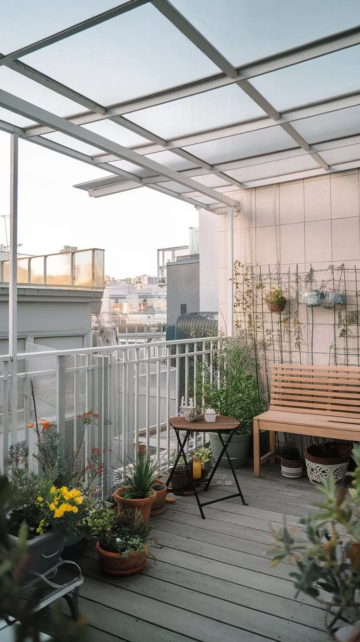 This small rooftop terrace, featuring a balcony roof, proves that even small terrace ideas can create a stunning rooftop patio. Explore these rooftop garden design elements for your own urban rooftop deck.
