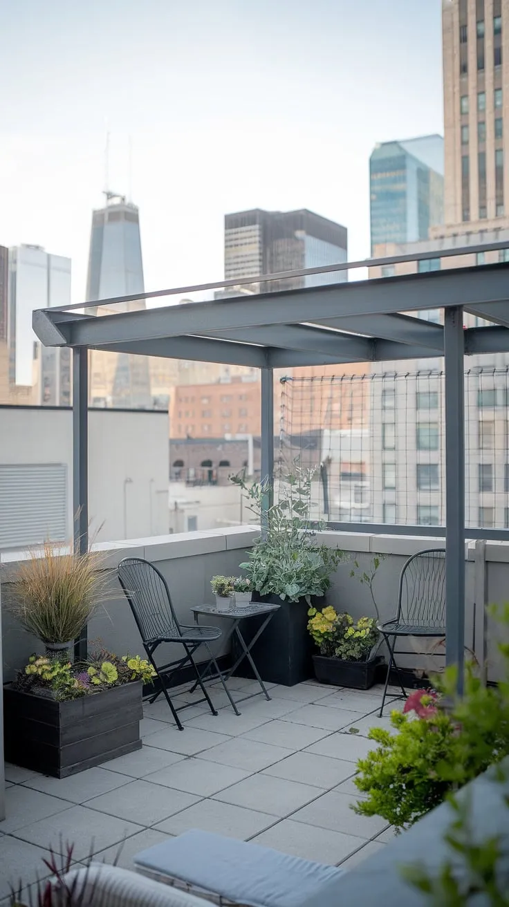 Escape the city without leaving it. This small rooftop terrace, sheltered by a charming balcony roof, is the perfect example of smart small terrace ideas and urban rooftop deck design. Rooftop garden design and rooftop patio ideas come together beautifully in this serene setting.