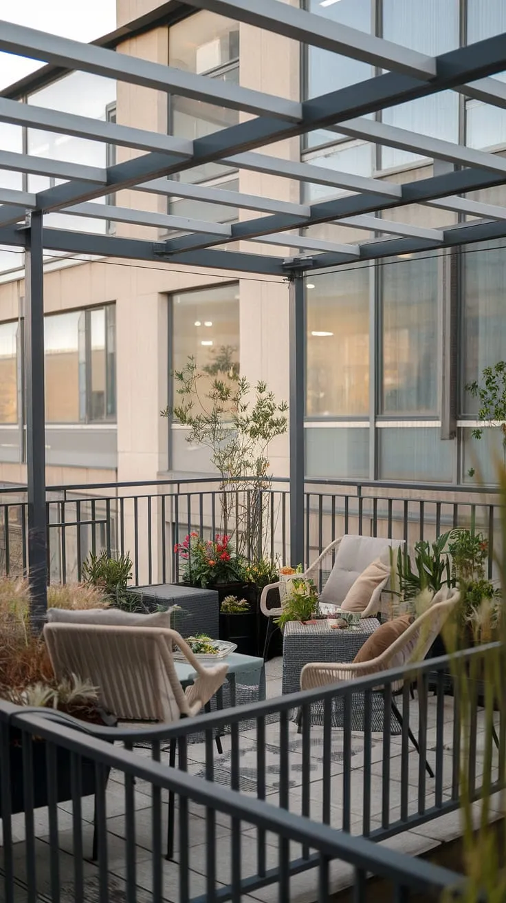 Find inspiration for your own rooftop garden design with this charming small rooftop terrace. The balcony roof creates a cozy and intimate setting, perfect for enjoying the city views. This urban rooftop deck demonstrates that even a small space can be a haven, offering practical small terrace ideas and rooftop patio ideas.