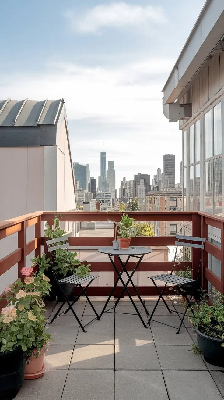 Escape the city bustle on this intimate urban rooftop deck. Rooftop patio ideas and small rooftop terrace inspiration come together under this charming balcony roof, creating a tranquil rooftop terrace with stunning skyline views.