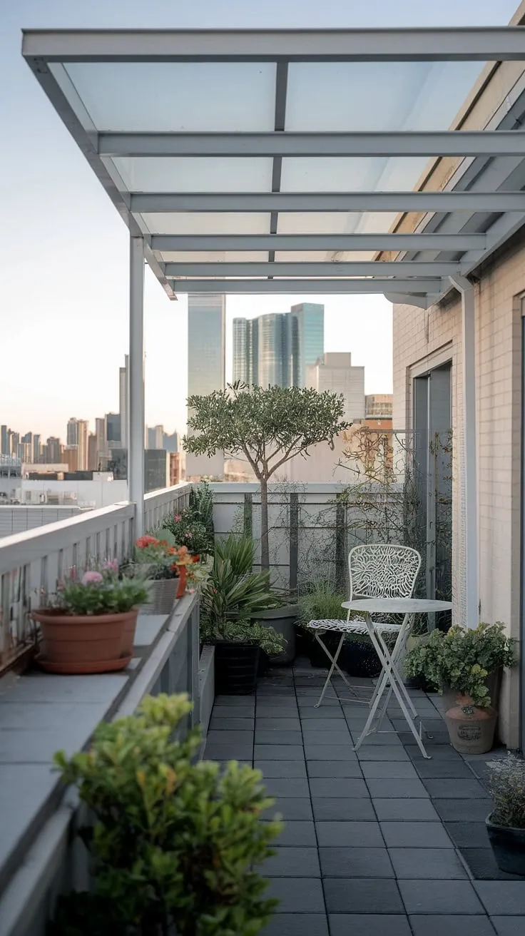 Escape the city bustle on this serene urban rooftop deck. Clever balcony roof design maximizes space in this small rooftop terrace, showcasing brilliant rooftop terrace ideas for your own small terrace ideas.