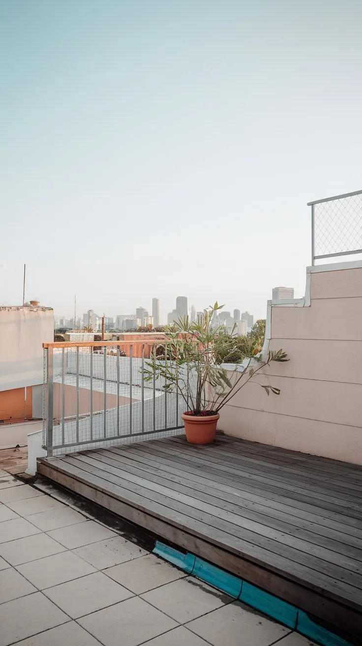 Find inspiration for your own rooftop terrace ideas with this image of a cozy urban rooftop deck. The small rooftop terrace features a simple wooden deck, a low railing, and a single potted plant, demonstrating how even a small balcony roof can be transformed into a relaxing retreat. This is a great example of small terrace ideas and rooftop garden design for limited spaces.