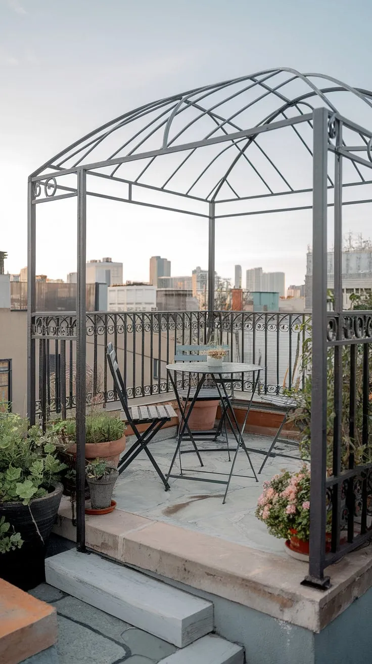 This small terrace ideas showcase how a balcony roof transforms a small rooftop terrace into a private urban oasis. Find inspiration for your own rooftop terrace ideas and explore the possibilities of rooftop garden design.