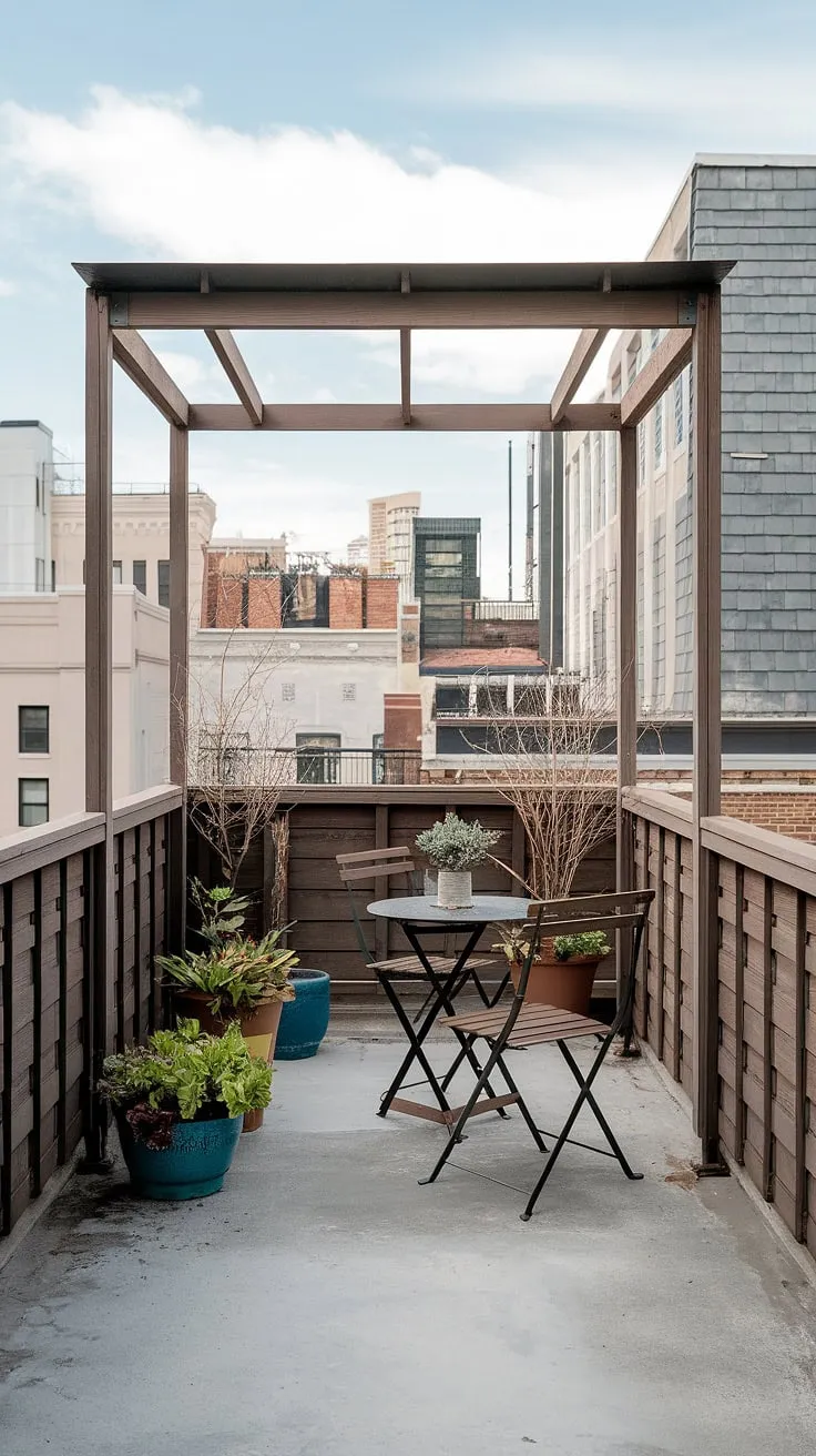 Escape the urban jungle on this charming small rooftop terrace, complete with a balcony roof offering stunning skyline views. Rooftop patio ideas and rooftop garden design come together perfectly in this small terrace ideas haven.