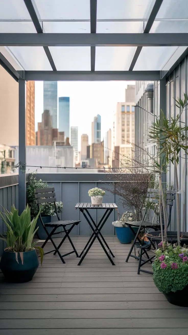 Escape the city bustle on this serene urban rooftop deck, a testament to clever small rooftop terrace ideas. The balcony roof provides the perfect shelter for this charming rooftop garden design, showcasing how even a small terrace ideas can create a tranquil oasis.