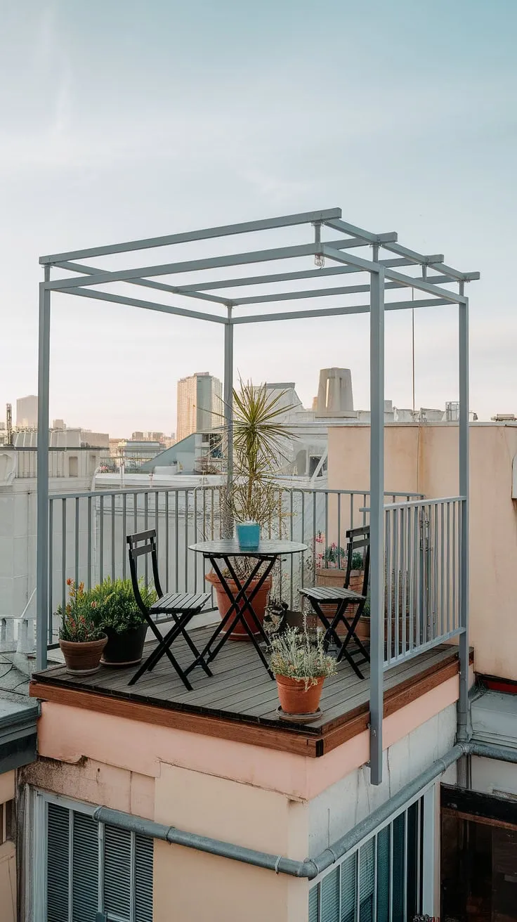 This small rooftop terrace, featuring a practical balcony roof, proves that even a small space can be a luxurious urban oasis. Explore rooftop terrace ideas and small terrace ideas for your own slice of city serenity.