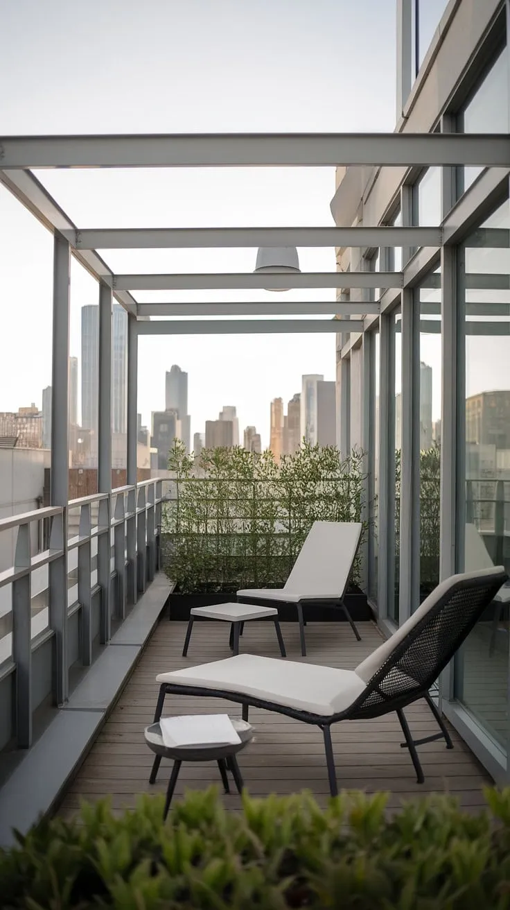 Find your urban oasis with this small rooftop terrace. The balcony roof provides shelter and privacy, while the minimalist design and rooftop garden design create a tranquil escape. Plenty of inspiration for small rooftop terrace and rooftop patio ideas here.