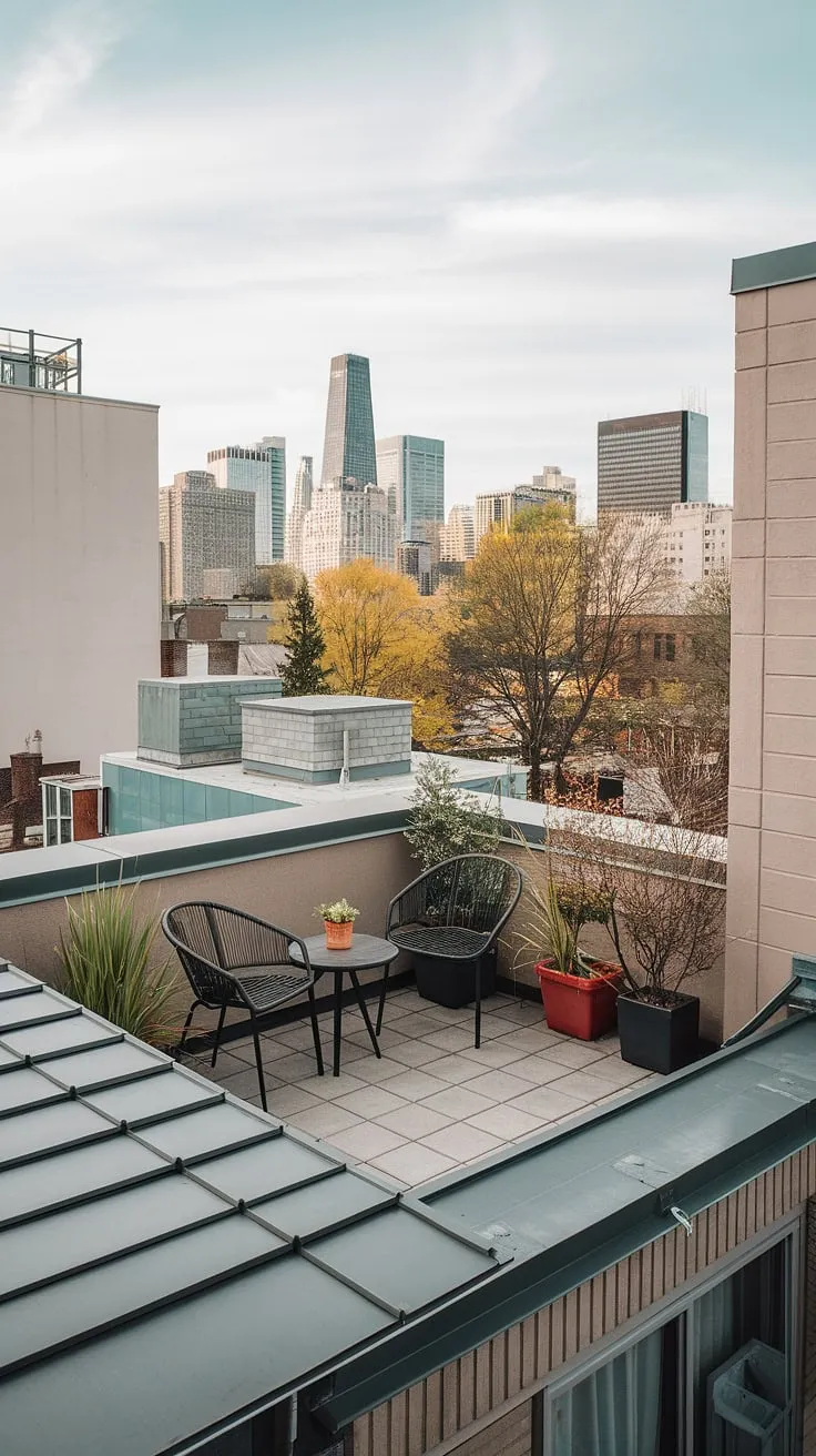 Escape the urban hustle on this charming small rooftop terrace. The balcony roof provides shelter and intimacy, while the carefully curated rooftop garden design adds a touch of nature to this modern urban rooftop deck. This space is a testament to creative rooftop patio ideas and small terrace ideas, proving that even a small space can offer breathtaking city views. Find inspiration for your own rooftop terrace ideas here.
