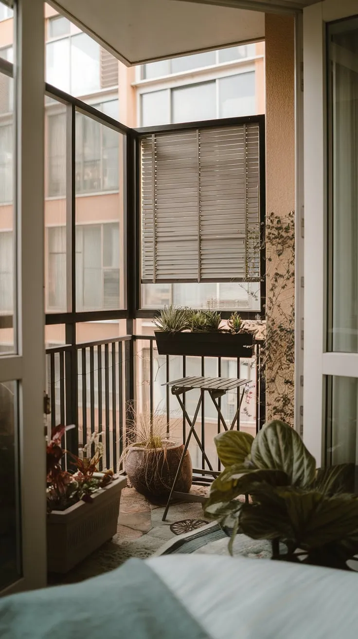 This balcony screen offers privacy and style to your small balcony ideas. Discover the perfect balance of balcony blinds for apartments and jungle patio decor with plants in small balcony spaces, all within this cozy balcony ideas retreat.