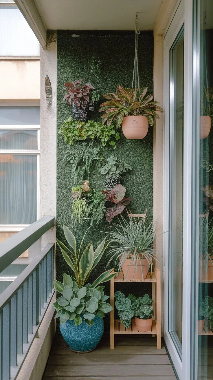 This balcony outside a bedroom is a testament to how much you can achieve with small balcony ideas. The wooden floor and railing complement the vibrant green wall, a stunning example of jungle patio decor. Plants in small balcony spaces are cleverly arranged using planters for balcony and a plant stand, maximizing vertical space. A balcony screen or balcony blinds for apartments would add extra privacy to this charming retreat. Explore these terrace divider ideas and plants for small balcony inspiration for your own urban oasis.
