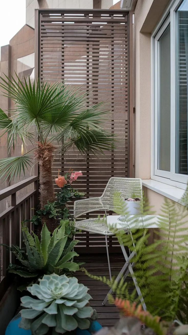 This balcony screen creates a private sanctuary outside the bedroom, showcasing small balcony ideas and terrace divider ideas. The perfect blend of jungle patio decor and plants in small balcony spaces, all enhanced by balcony blinds for apartments.