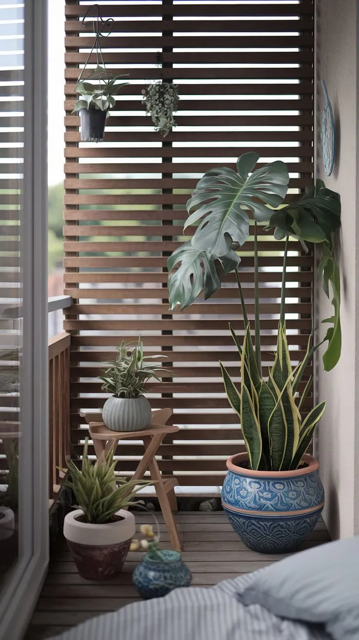 Rustic charm meets modern serenity with this balcony screen. Small balcony ideas abound with this setup, showcasing plants in small balcony spaces and clever use of planters for balcony. Ideal balcony ideas for a bedroom, offering privacy and a touch of jungle patio decor.