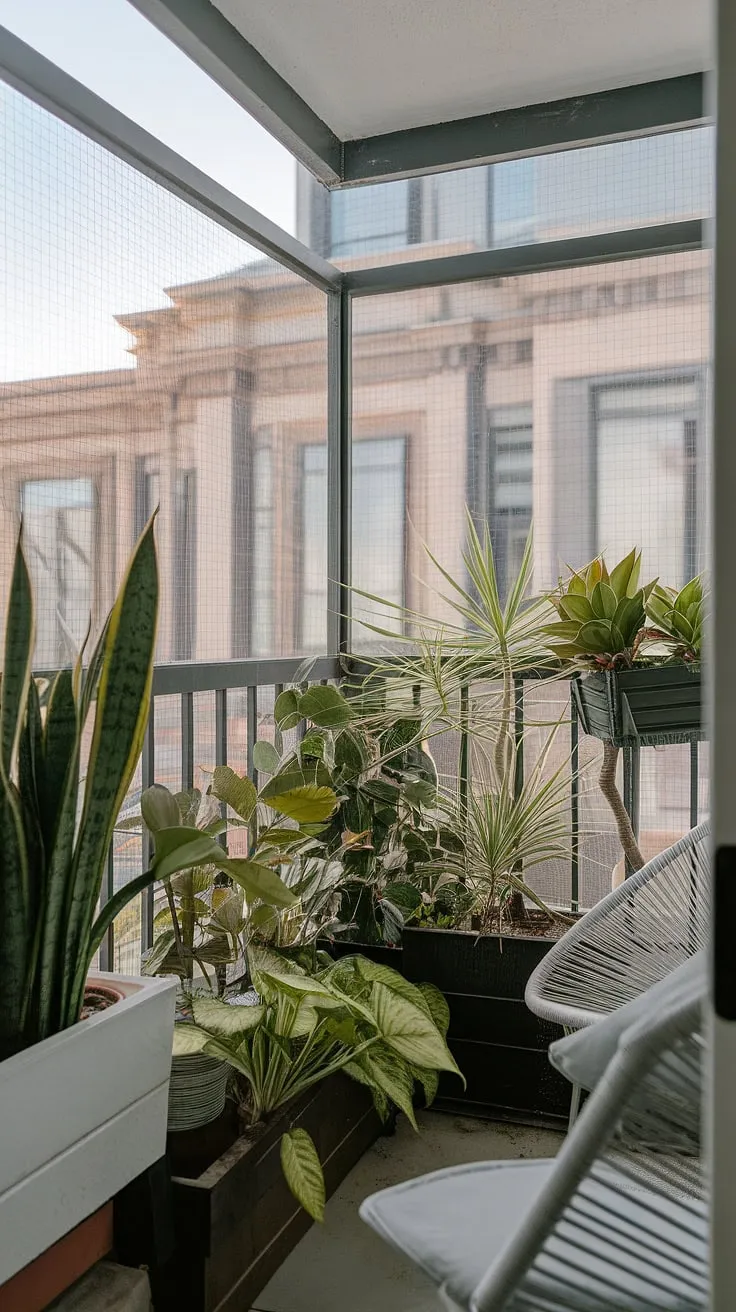 This balcony screen creates a private oasis on my small balcony. Plants in small balcony spaces thrive with the right planters for balcony and a touch of jungle patio decor. Great balcony ideas and balcony blinds for apartments.