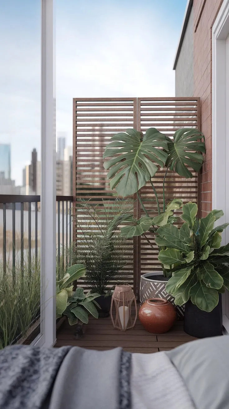 Create your own urban oasis with this balcony screen. Explore terrace divider ideas and balcony blinds for apartments to maximize your small balcony ideas, featuring plants in small balcony spaces and jungle patio decor.
