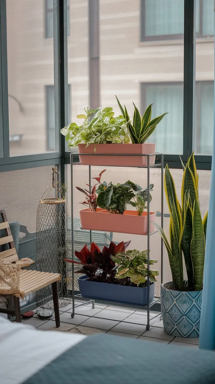 Maximize your balcony outside bedroom with these small balcony ideas. A balcony screen provides both privacy and a defined space, while a curated collection of plants in small balcony spaces—including a snake plant and spider plant—creates a vibrant jungle patio decor. Clever use of planters for balcony gardening and thoughtful placement of a small chair and basket showcase how to make the most of limited space. This is a perfect illustration of terrace divider ideas and balcony blinds for apartments, proving that even a small balcony can be a lush and inviting oasis.