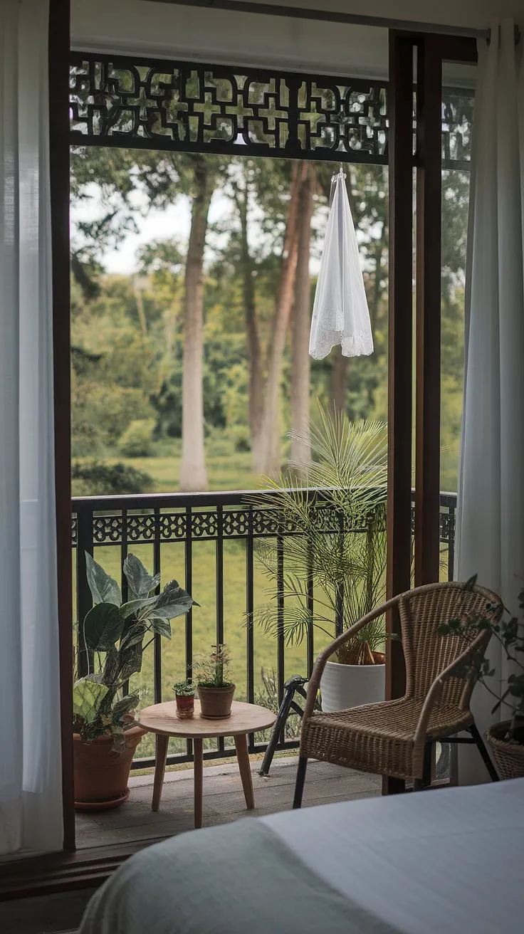 This balcony outside a bedroom is a testament to maximizing small spaces. Clever use of a balcony screen provides privacy and acts as a beautiful terrace divider, while also incorporating balcony blinds for apartments. Plants in small balcony spaces thrive in the thoughtfully chosen planters for balcony, contributing to the jungle patio decor. The wicker chair and table invite relaxation, making this a perfect example of balcony ideas and small balcony ideas for a tranquil retreat.