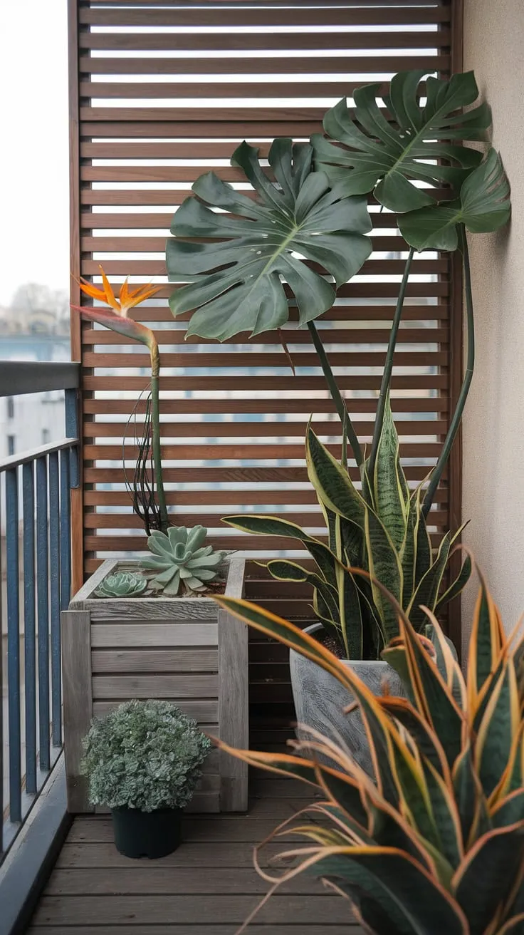 This small balcony, extending from a bedroom, is transformed into a lush jungle patio with a clever balcony screen providing privacy. The wooden slats of the screen complement the wooden flooring and planters, showcasing a variety of plants for small balcony spaces, including a monstera, snake plant, and bird of paradise. This exemplifies small balcony ideas and terrace divider ideas, proving that even limited space can support abundant greenery. Planters for balcony use maximize the area, creating a vibrant and relaxing outdoor retreat. These balcony blinds for apartments offer both style and functionality.