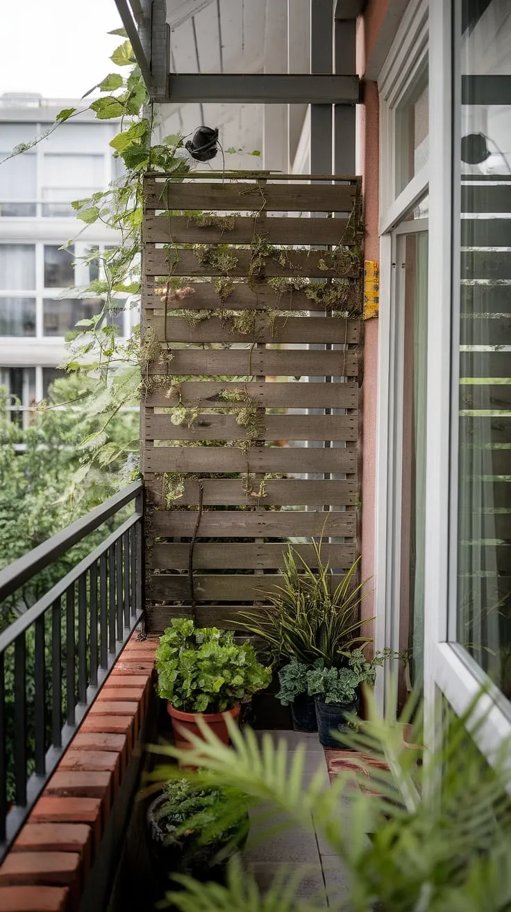 This balcony screen is the ultimate small balcony ideas solution, turning a tiny space into a vibrant oasis. Perfect balcony blinds for apartments, it's brimming with plants in small balcony spaces, achieving a serene jungle patio decor.