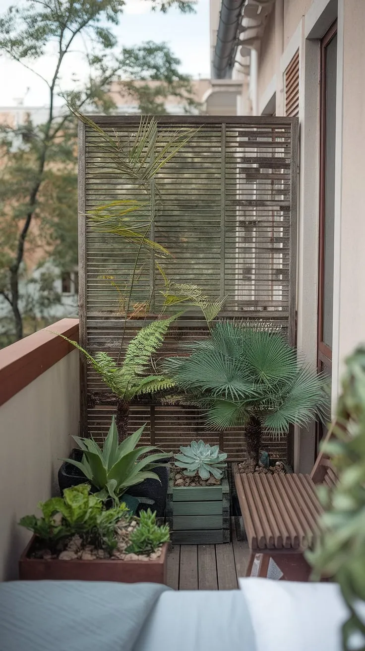 This small balcony outside a bedroom offers a tranquil escape. The wooden balcony screen, acting as a charming terrace divider, creates a private oasis. Clever use of planters for balcony gardening showcases plants for small balcony spaces, transforming this area into a lush jungle patio decor. Ideas for small balcony spaces are brought to life with ferns, palm trees, and succulents thriving in this sun-drenched spot. The wooden bench invites relaxation, while the balcony blinds for apartments (though not visible here) would add further privacy. This is a perfect example of balcony ideas for maximizing limited space.