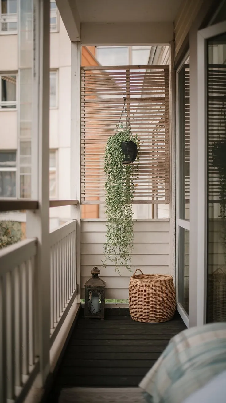 This intimate balcony outside a bedroom offers inspiration for small balcony ideas. The balcony screen, a stylish terrace divider idea, creates a secluded haven. Plants in small balcony spaces thrive in this sun-drenched spot, adding vibrant life to the scene. A hanging planter, a vintage lantern, and a wicker basket complete the charming aesthetic. Consider this a testament to how effective balcony blinds for apartments and carefully chosen planters for balcony can be in maximizing a small space, creating a personal jungle patio decor retreat.