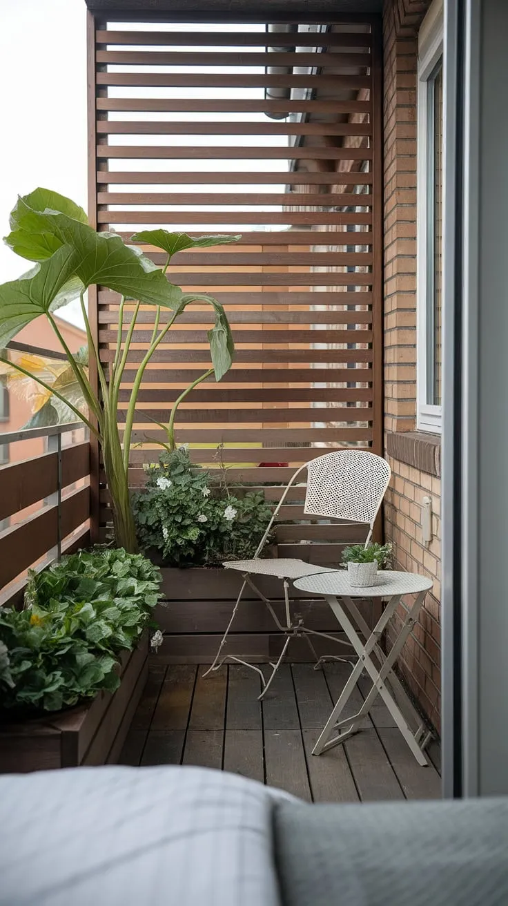 Escape to this peaceful balcony outside a bedroom. The wooden balcony screen, a perfect example of balcony blinds for apartments, creates a secluded haven. This collection of plants in small balcony spaces, showcased in stylish planters for balcony use, brings a touch of jungle patio decor to this intimate setting. The simple white chair and table, along with the wooden flooring, complement the lush greenery, offering inspiration for balcony ideas and small balcony ideas. This space masterfully demonstrates terrace divider ideas for maximizing privacy and beauty.