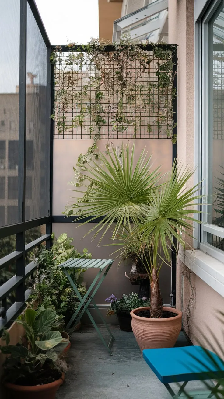 Transform your small balcony outside bedroom into a private jungle oasis with a balcony screen. Clever planters for balcony and plants for small balcony create a lush, vibrant space. This terrace divider ideas solution maximizes your small balcony ideas.