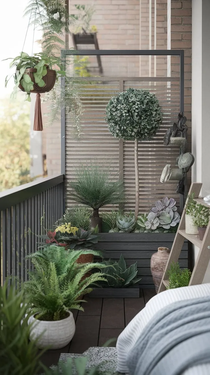 Escape to your own private jungle oasis with this balcony outside bedroom. This small balcony, brimming with plants for small balcony spaces, showcases clever small balcony ideas, including a balcony screen for privacy and balcony blinds for apartments to control the light. The jungle patio decor is achieved with a mix of ferns, succulents, and a small tree in various planters for balcony, all thoughtfully arranged to maximize space. Terrace divider ideas are subtly incorporated, creating distinct zones within the limited area.