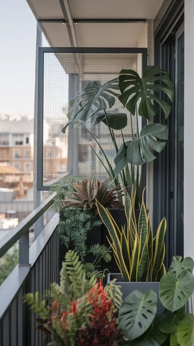 Transform your balcony outside bedroom into a lush jungle oasis with this small balcony screen. Clever planter placement and the right plants for small balcony spaces—like monstera and snake plant—create a vibrant terrace divider, perfect for apartment living. Balcony blinds for apartments aren't the only way to add privacy and style.
