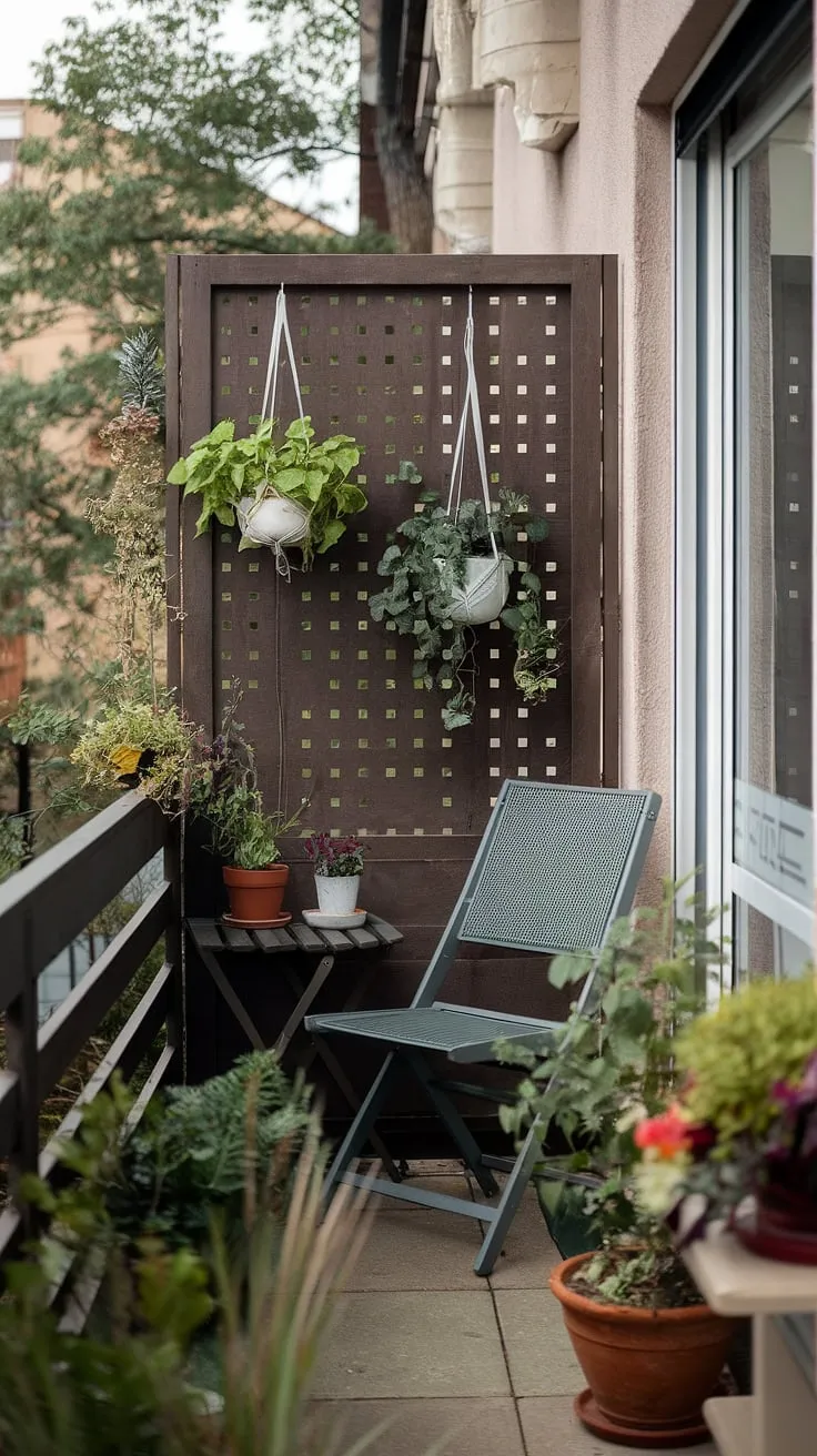 Transform your small balcony outside bedroom into a jungle patio decor dream with this creative balcony screen. Clever balcony screen ideas maximize space, showcasing plants for small balcony and offering privacy. Perfect small balcony ideas and terrace divider ideas for apartments.