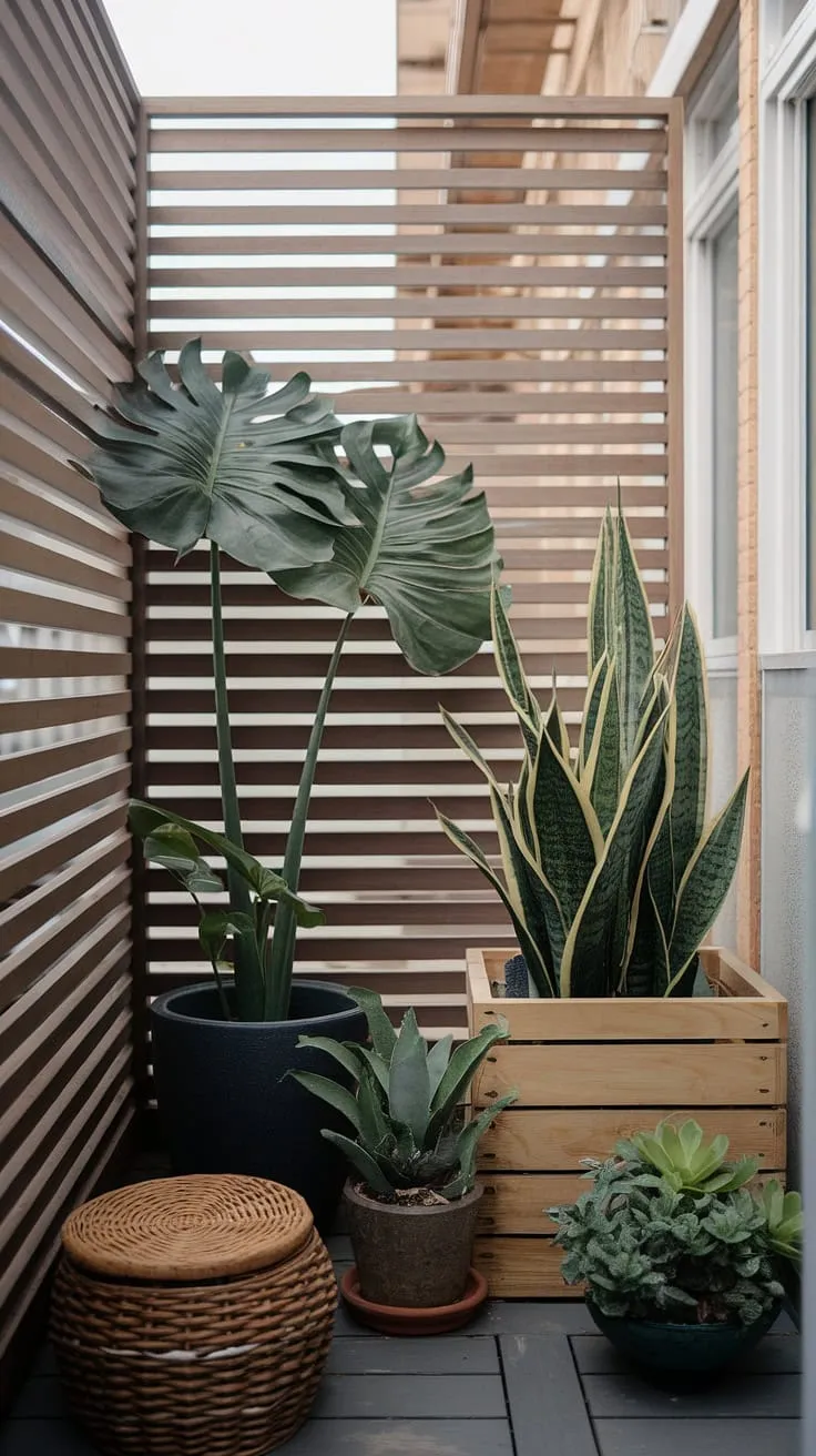 This small balcony, nestled outside a bedroom, is transformed into a lush jungle patio with clever use of a balcony screen for privacy. The wooden slat screen acts as a perfect terrace divider, creating a secluded oasis. Plants for small balcony spaces thrive here, including a statement monstera, a snake plant in a charming wooden planter, and a tiny succulent. Planters for balcony gardening are key to maximizing space, and the wicker basket adds a touch of texture. This is a great example of small balcony ideas and balcony blinds for apartments, showcasing how even the smallest outdoor space can be a vibrant and relaxing retreat.