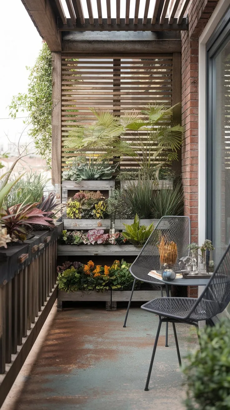 Escape to this tranquil balcony outside a bedroom. This small balcony, brimming with plants for small balcony, demonstrates the potential of even the smallest spaces. The wooden balcony screen provides a beautiful terrace divider ideas, enhancing privacy and adding to the rustic charm. Planters for balcony are strategically placed, maximizing space and creating a vibrant jungle patio decor. This is a perfect example of small balcony ideas and showcases how balcony blinds for apartments could further enhance the space. The weathered wooden floor and brick wall backdrop complete the scene.