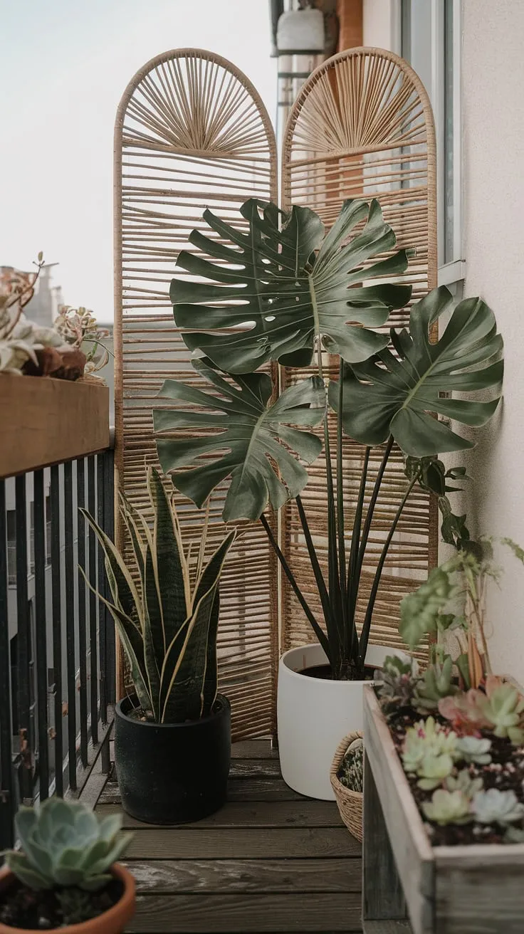 Transform your small balcony into a private jungle oasis with this wicker balcony screen. Perfect for apartment balcony blinds, this terrace divider creates a cozy retreat, showcasing plants for small balcony spaces and offering inspiring small balcony ideas. Planters for balcony add to the charm.